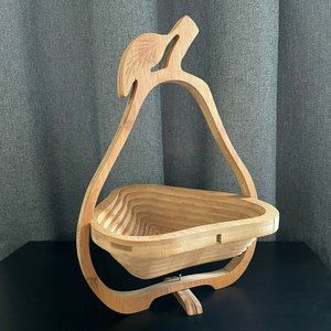Collapsible Carved Pear Silhouette Wooden Pop-Up Bowl Basket Trivet